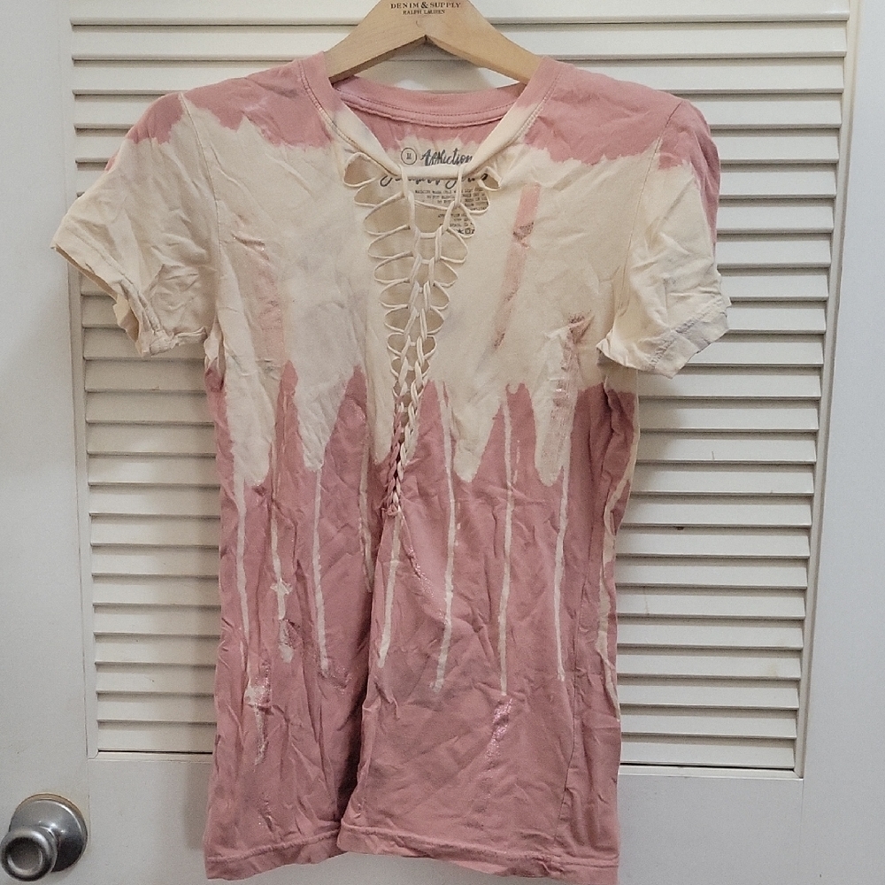 Pink and Cream Lace-Up Women's Top